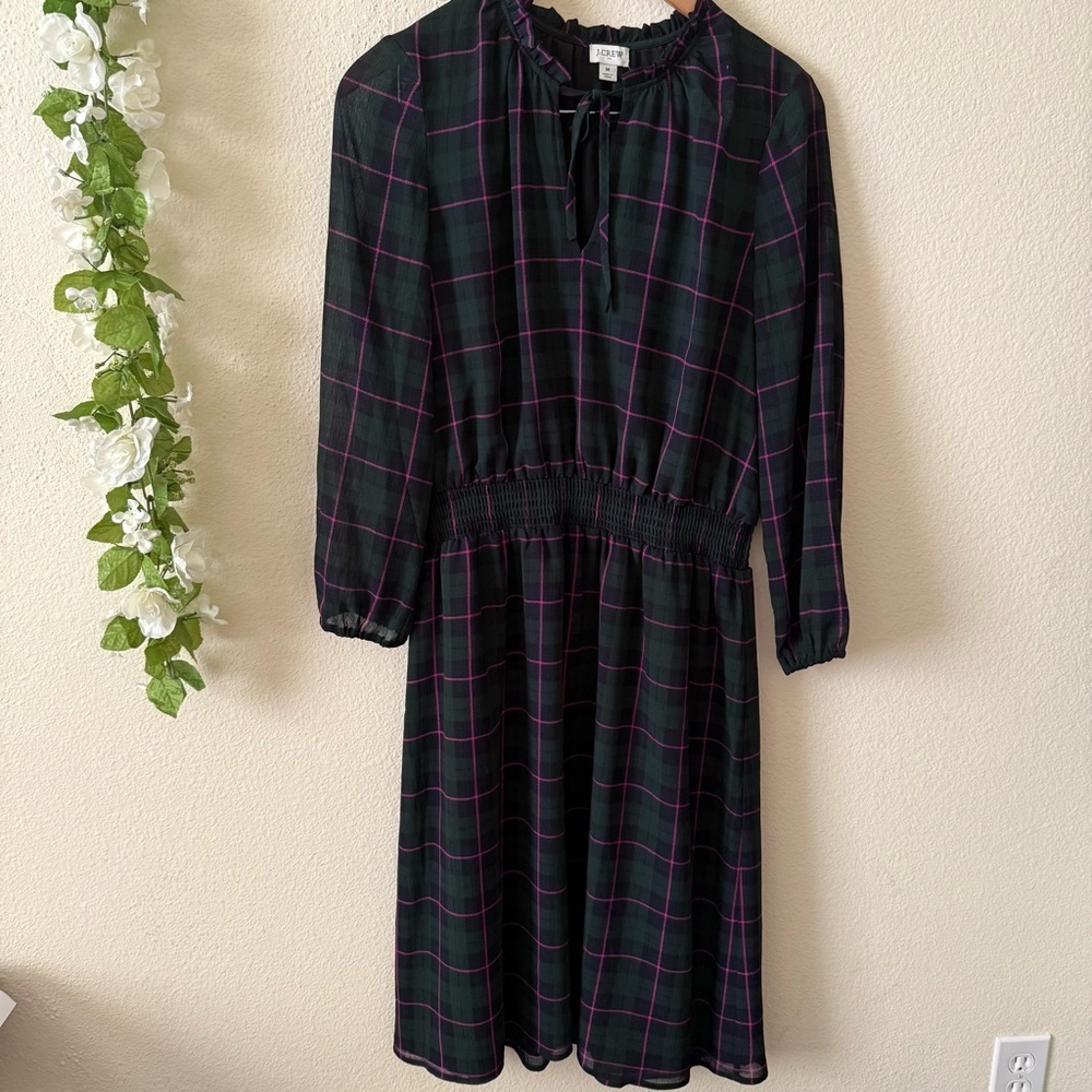 J. Crew Green Pink Navy Plaid Ruffle Tie Collar Puff Sleeve Midi Dress - Picture 2 of 10